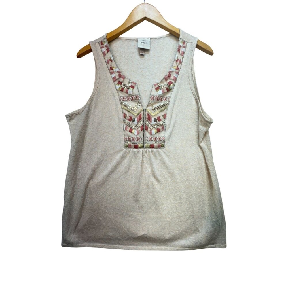Knox Rose Embellished Tank Top Size XL Beige Embroidered Sleeveless Sequins Boho